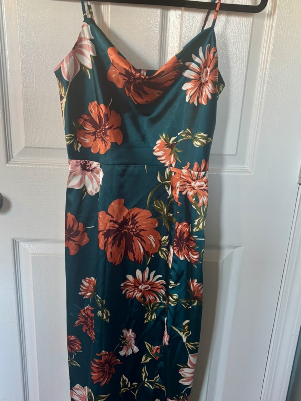 Sleeveless Teal Silky Floral Slip Dress with Orange Blooms